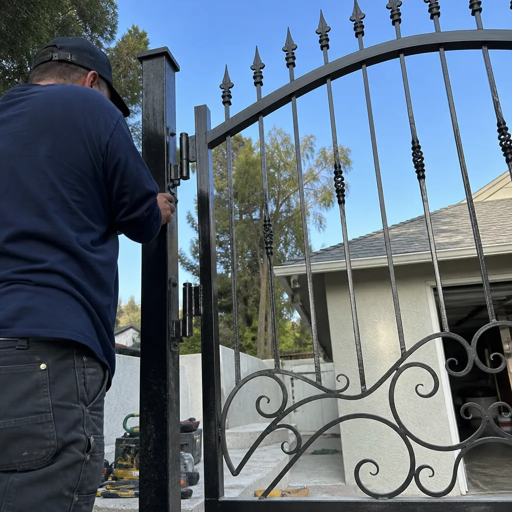 Professional technician installing a black wrought iron gate on a post