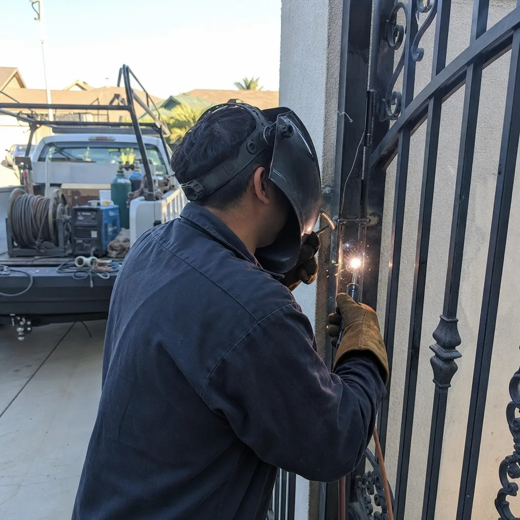 Professional welder performing iron gate repair and metal fence maintenance